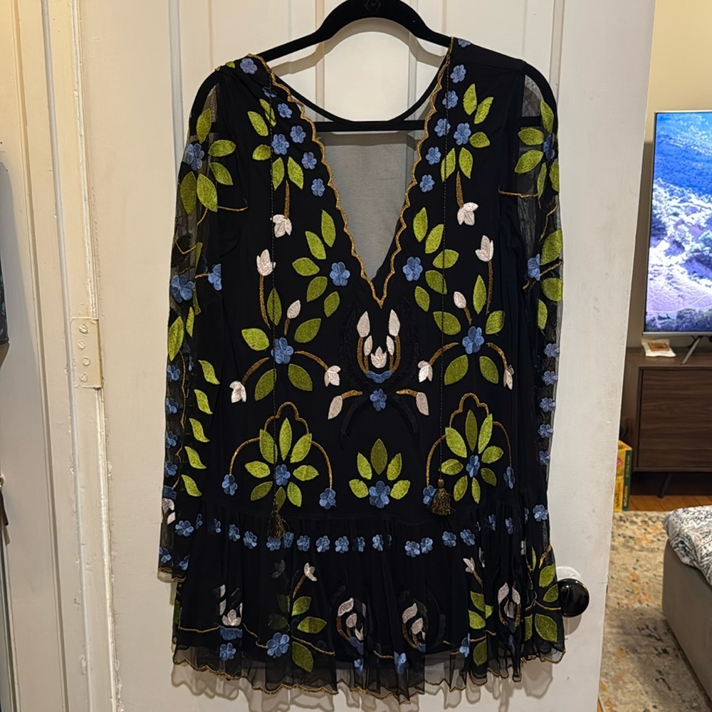 Free People "Hearts Are Wild" Black Floral Mesh Embroidered Mini Dress